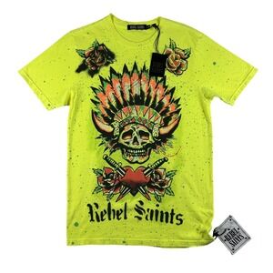 Rebel Saints By Affliction Shirt Mens Small Neon Skull Headdress Roses Graphic